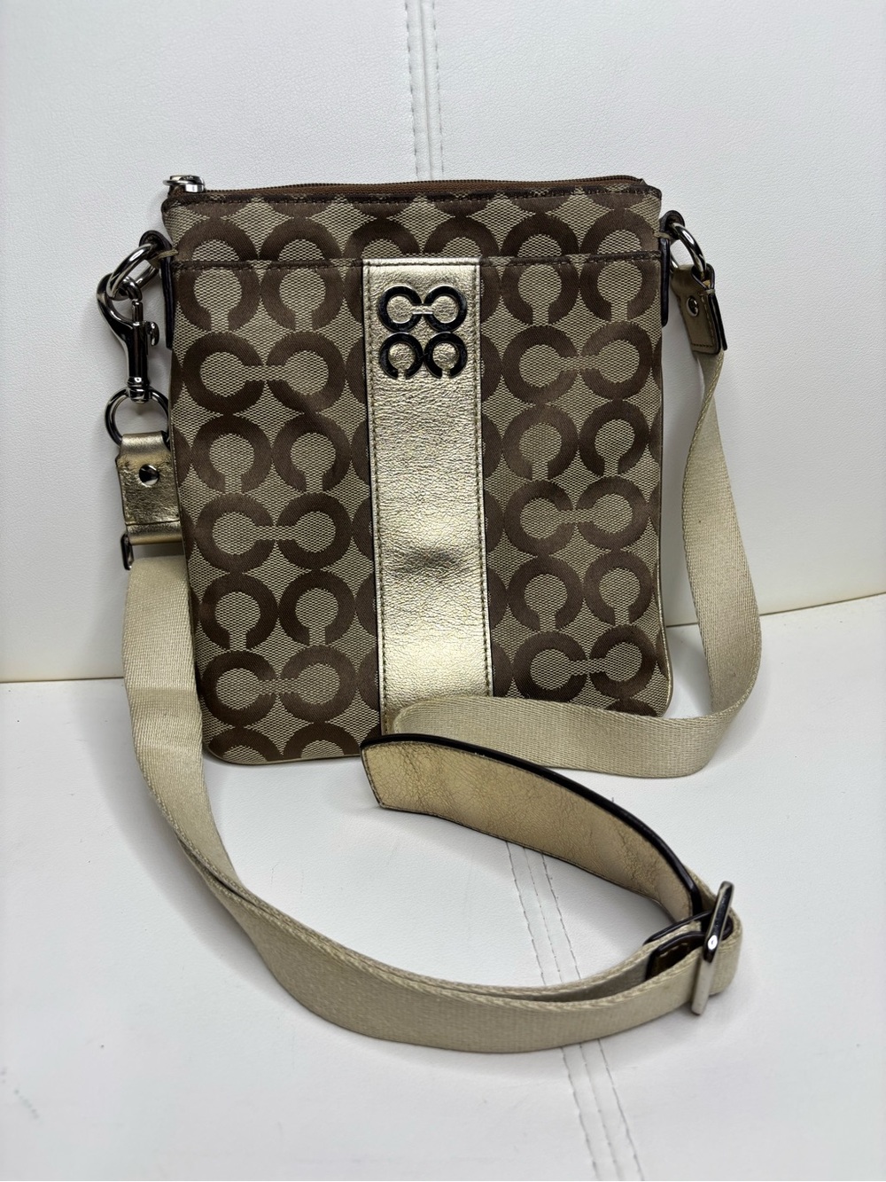 Coach Signature Stripe File Bag / Crossbody Pouch in Brown & Gold - Picture 1 of 16